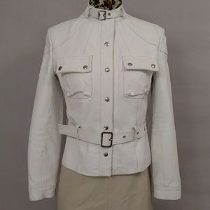 Misuri Italy White Leather Moto Jacket Belt 40 6/8